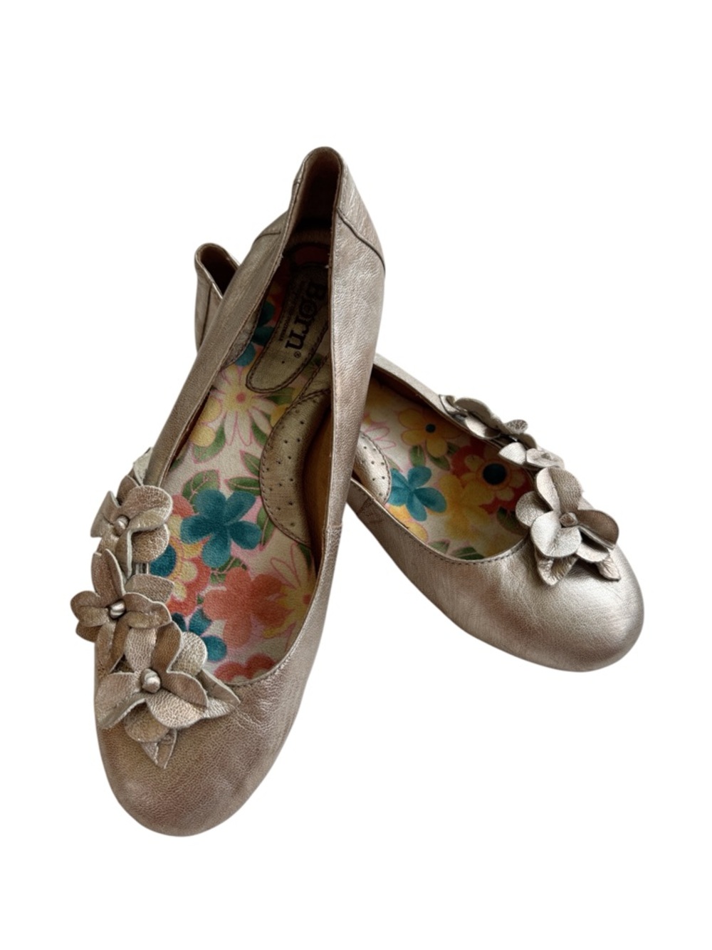 Born Gemma Metallic Silver Panna Cotta Leather Floral Womens 8 Ballet Flats